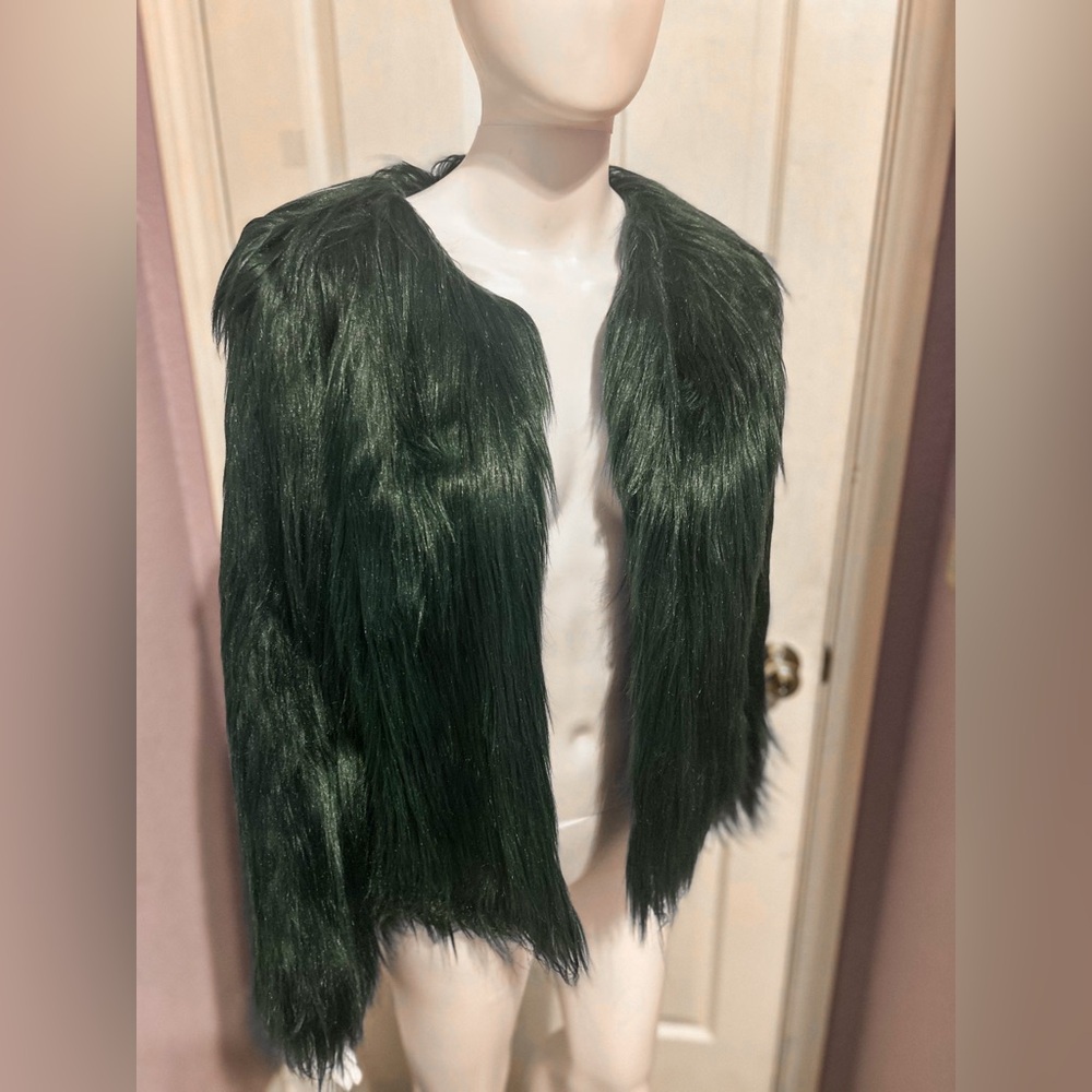 Lanshiefi Sz M Forest Green Faux Fur Jacket Boho 90’s Grunge Y2K Clueless Fairy